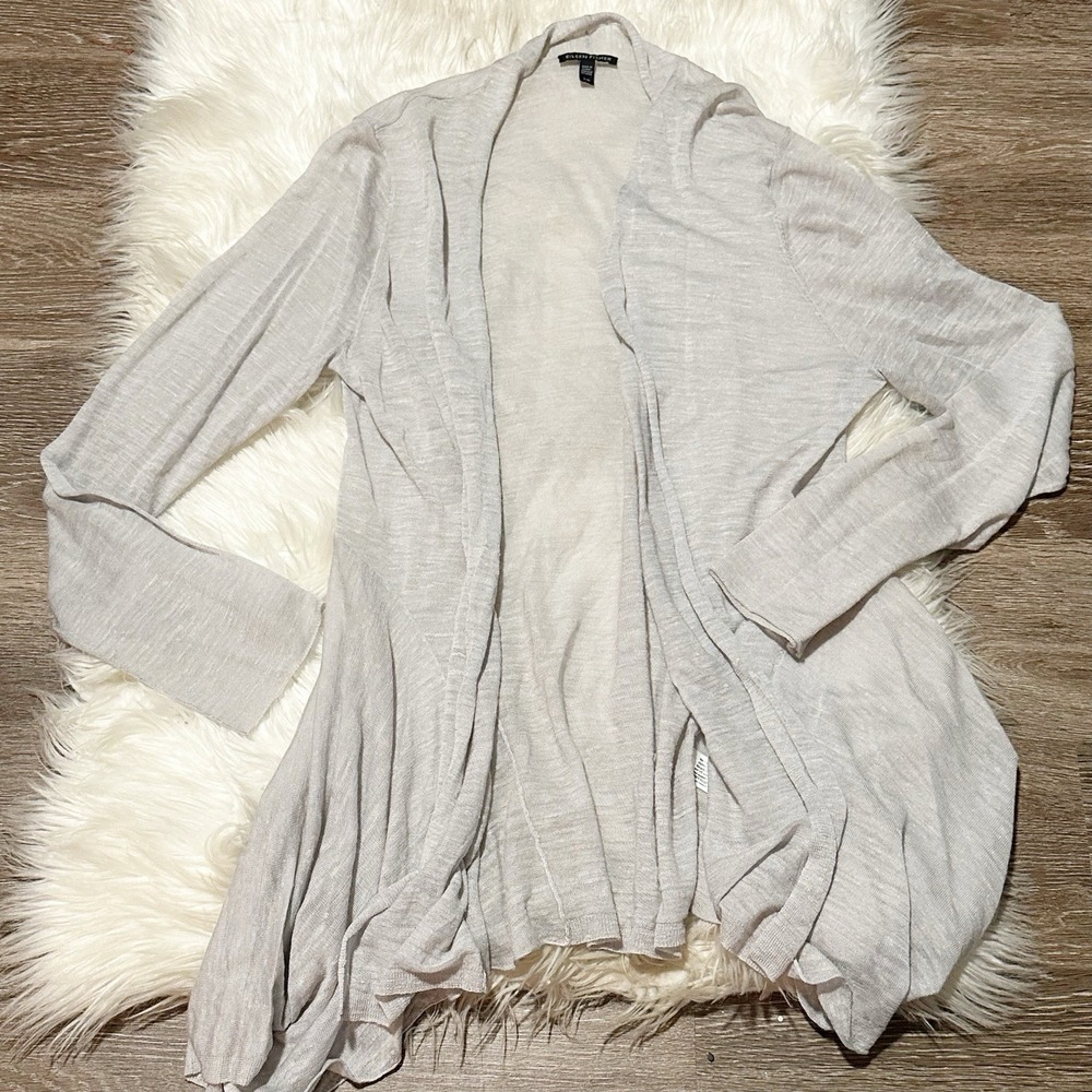 Eileen Fisher Womens Cadigan Tencil Linen Gray Semi Sheer Lightweight Size Large